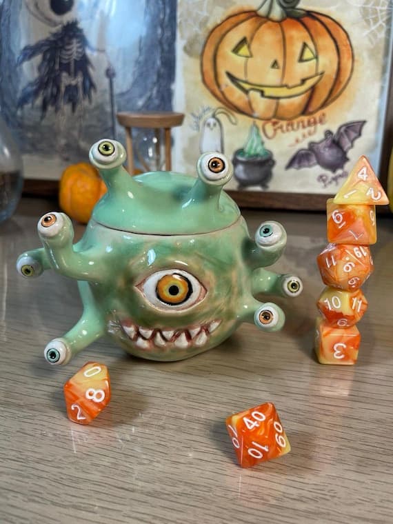 Ceramic Beholder Jar with Lid, Dungeons and Dragons Dice Storage, Fantasy Monster Creature