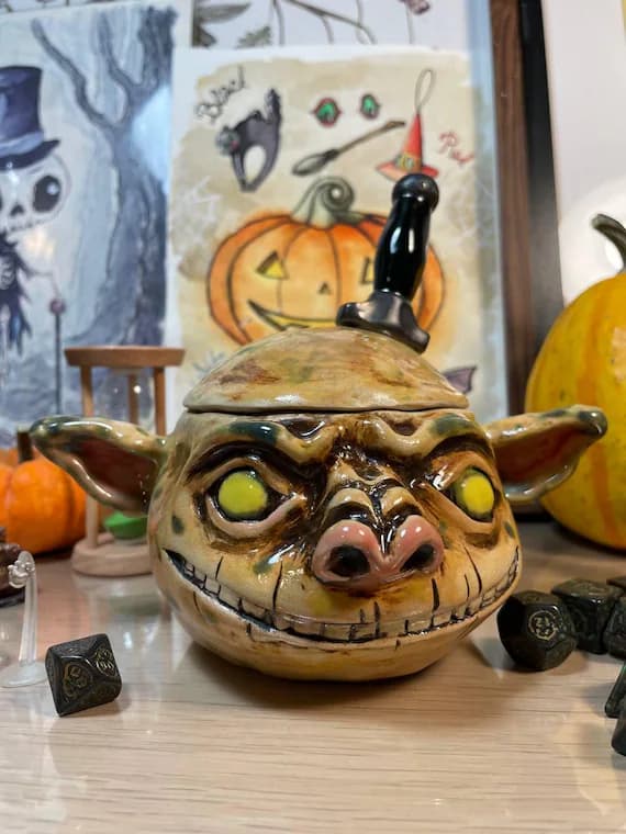 Handmade Stoneware Goblin Jar: DnD Dice, Fantasy Decor