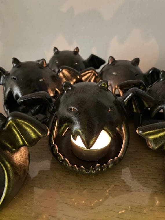 Demonbat Ceramic Candle Holder — Handmade Gothic Bat Candleholder Tea-light, Halloween Decor (Black)