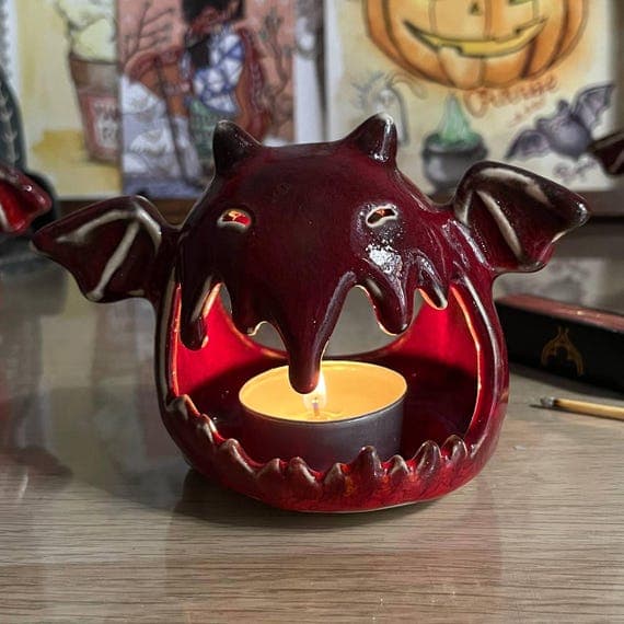 Demonbat Ceramic Candle Holder — Handmade Gothic Bat Candleholder for Tea-light cundle, Halloween Decor (Red)