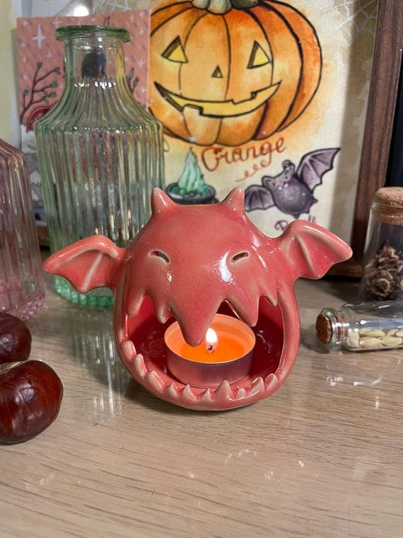 Demonbat Ceramic Candle Holder — Handmade Gothic Bat Candleholder Tea-light, Halloween Decor (salmon pink)